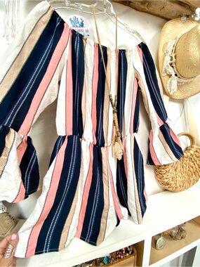 Off the shoulder stripe boho romper Gypsy ruffled sleeves vacay beach vibe